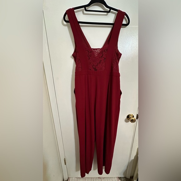GUC LULUS Kiska Burgundy Lace Wide-Leg V-Neck Jumpsuit - Picture 4 of 13